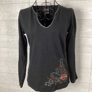 Harley-Davidson Black and Orange Embroidered Long Sleeve Tee
